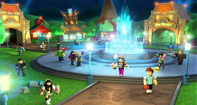 Screenshot of Roblox characters mill about a brightly colored plaza