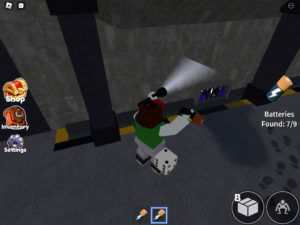 Screenshot of Rainbow Friends Chapter 1 gameplay showing the monster Purple hiding in the vents. 