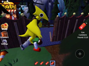Screenshot from Rainbow Friends Chapter 2 of the new monster Yellow flying away with an unlucky player.