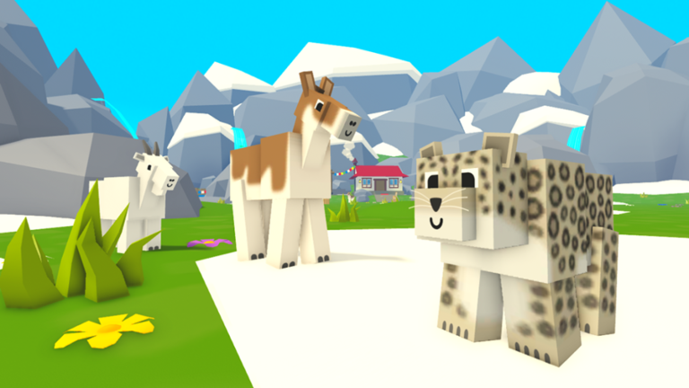 A goat a jaguar and a llama stand in the valley surrounded by mountains in the Roblox game Endangered Animals.