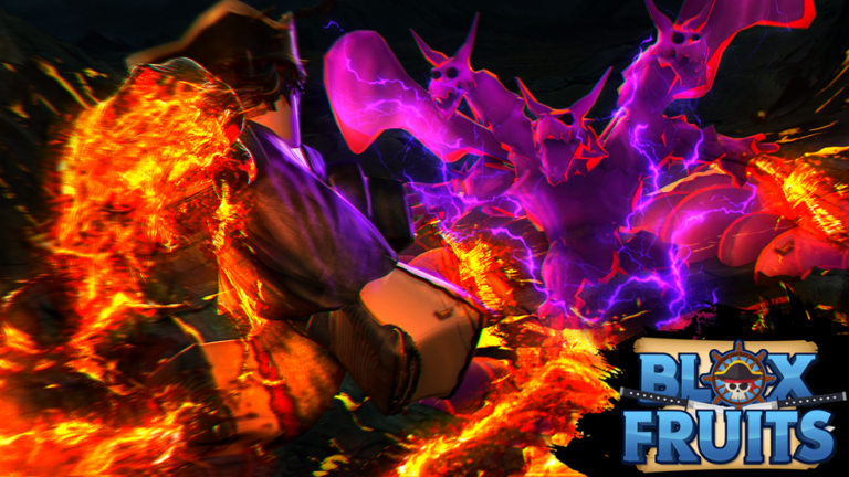The main image for the Roblox game Blox Fruits, featuring a glowing orange player battling a purple monster.